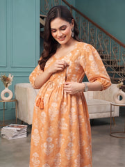 Orange Printed Maternity Dress for Women