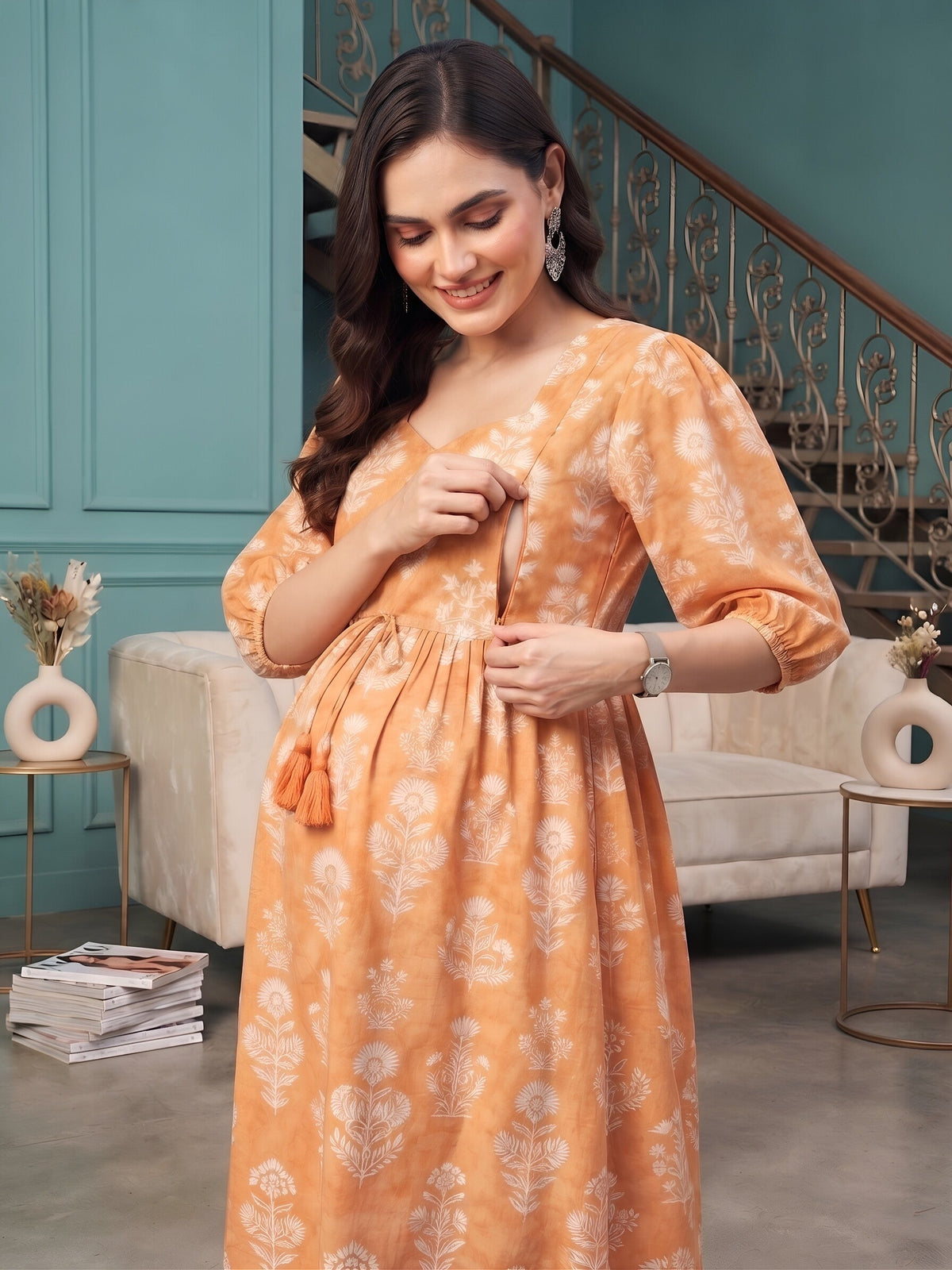 Orange Printed Maternity Dress for Women