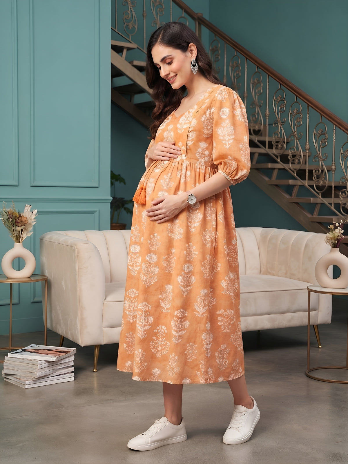 Orange Printed Maternity Dress for Women