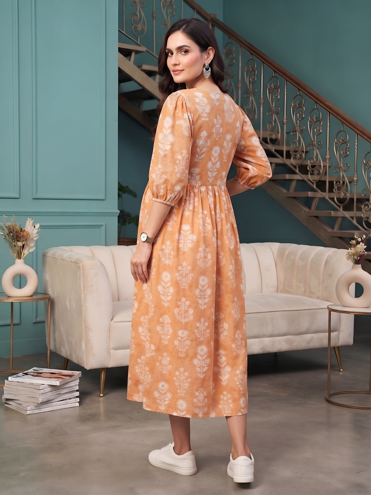 Orange Printed Maternity Dress for Women