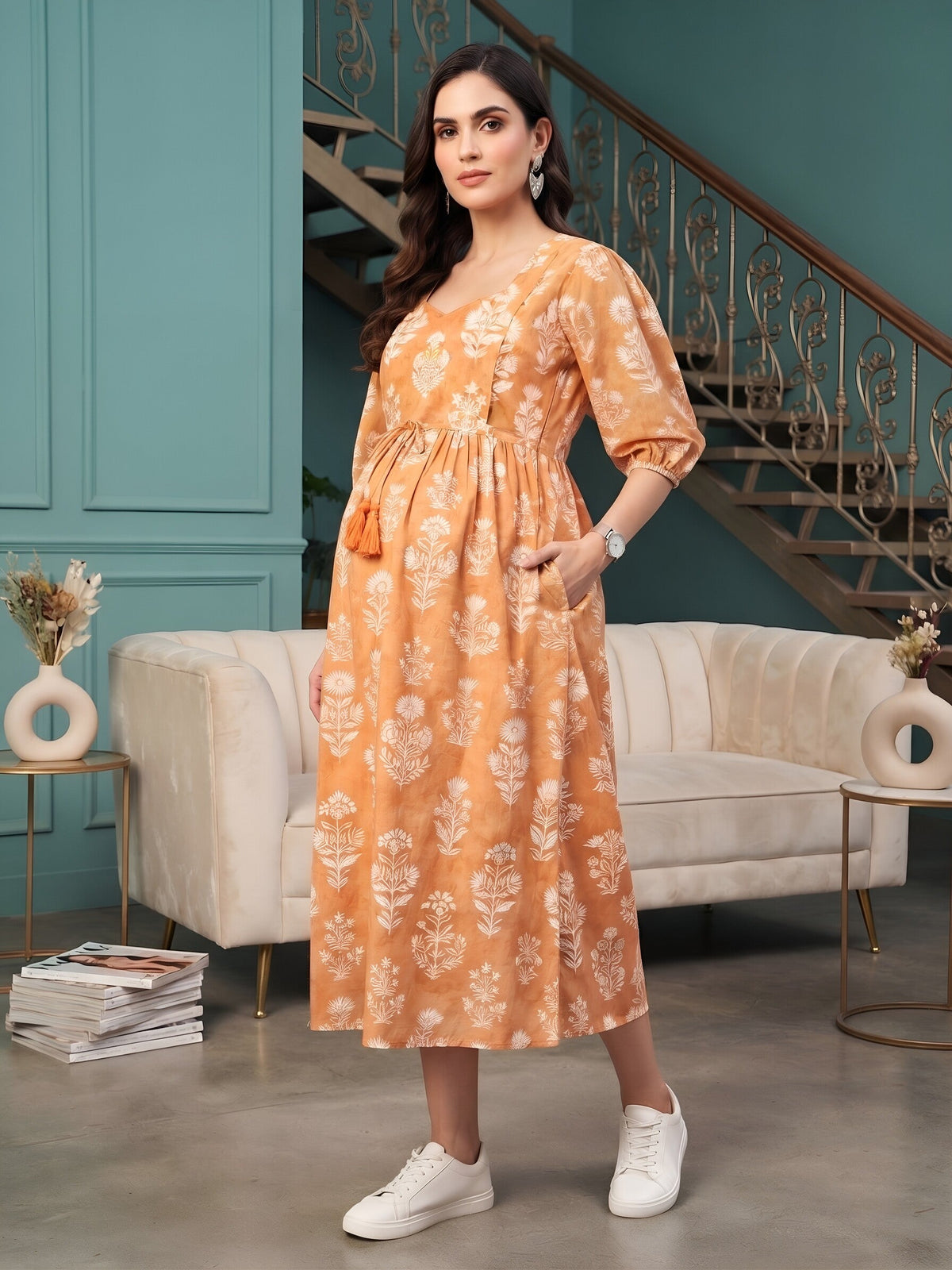 Orange Printed Maternity Dress for Women