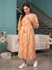 Orange Printed Maternity Dress for Women