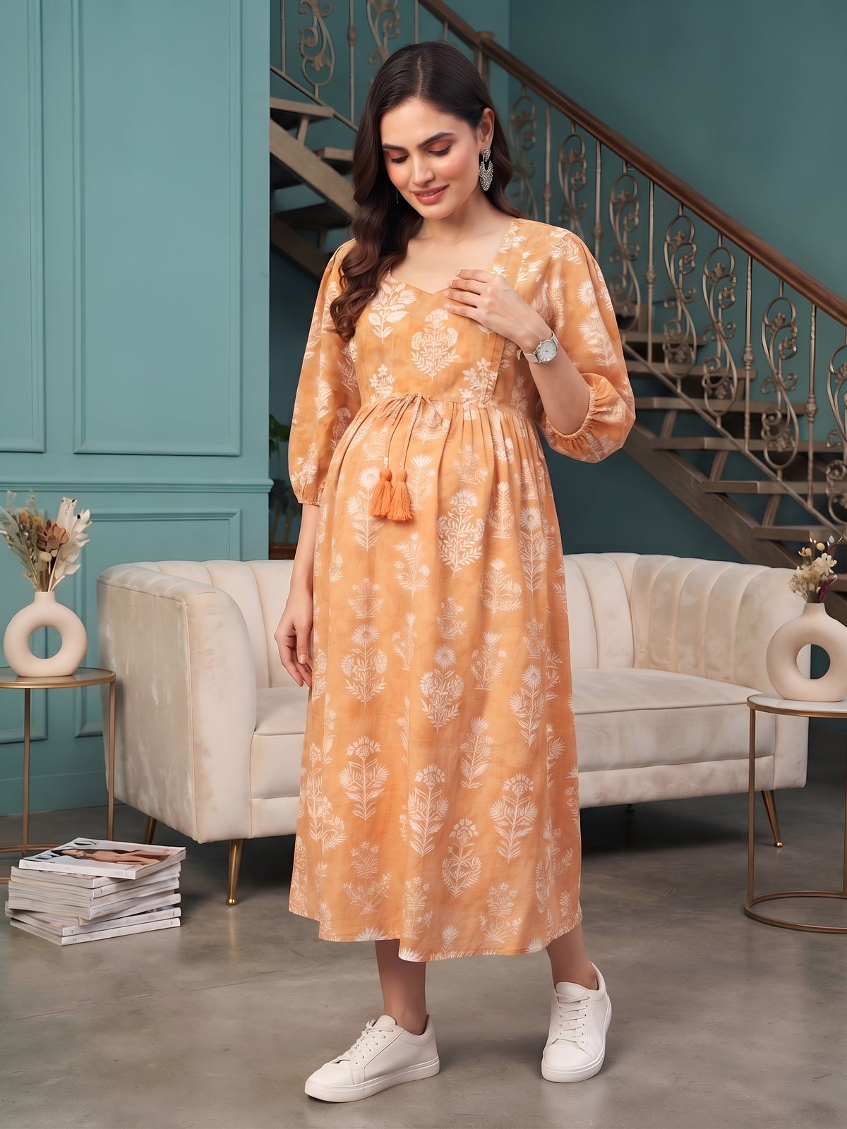 Orange Printed Maternity Dress for Women