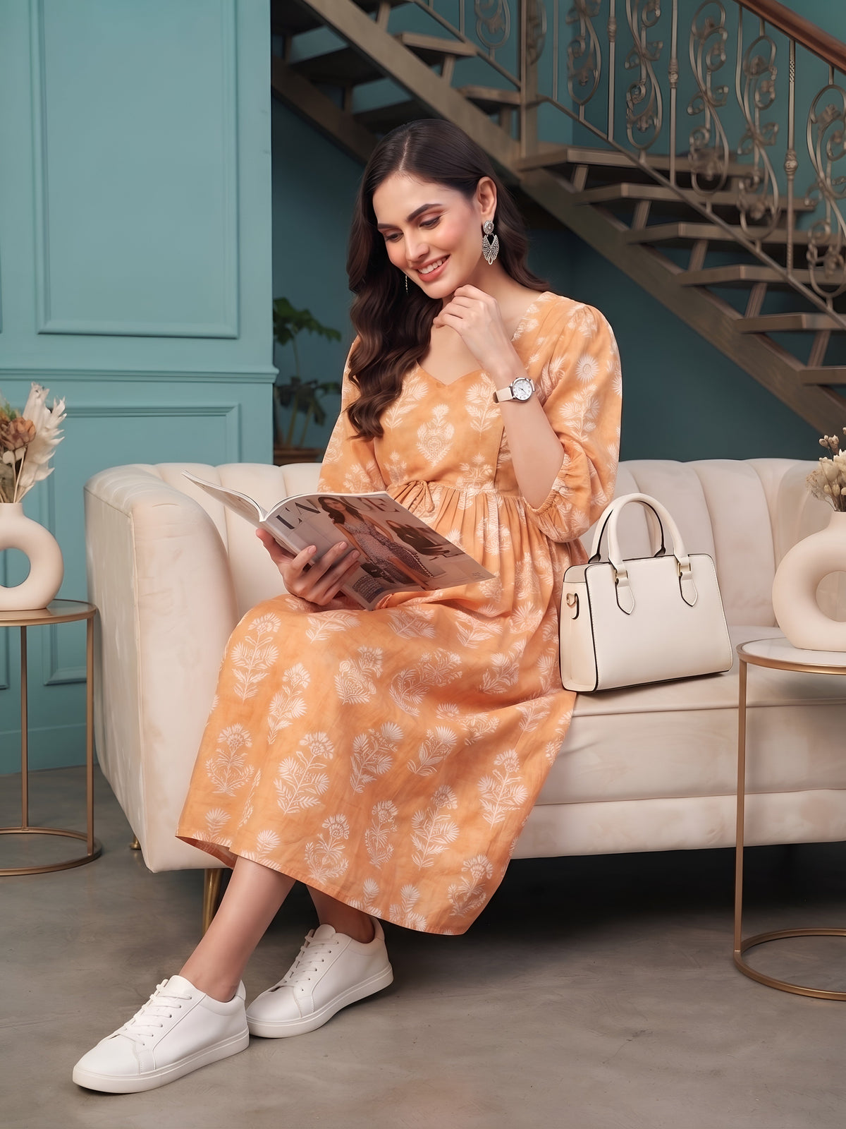 Orange Printed Maternity Dress for Women