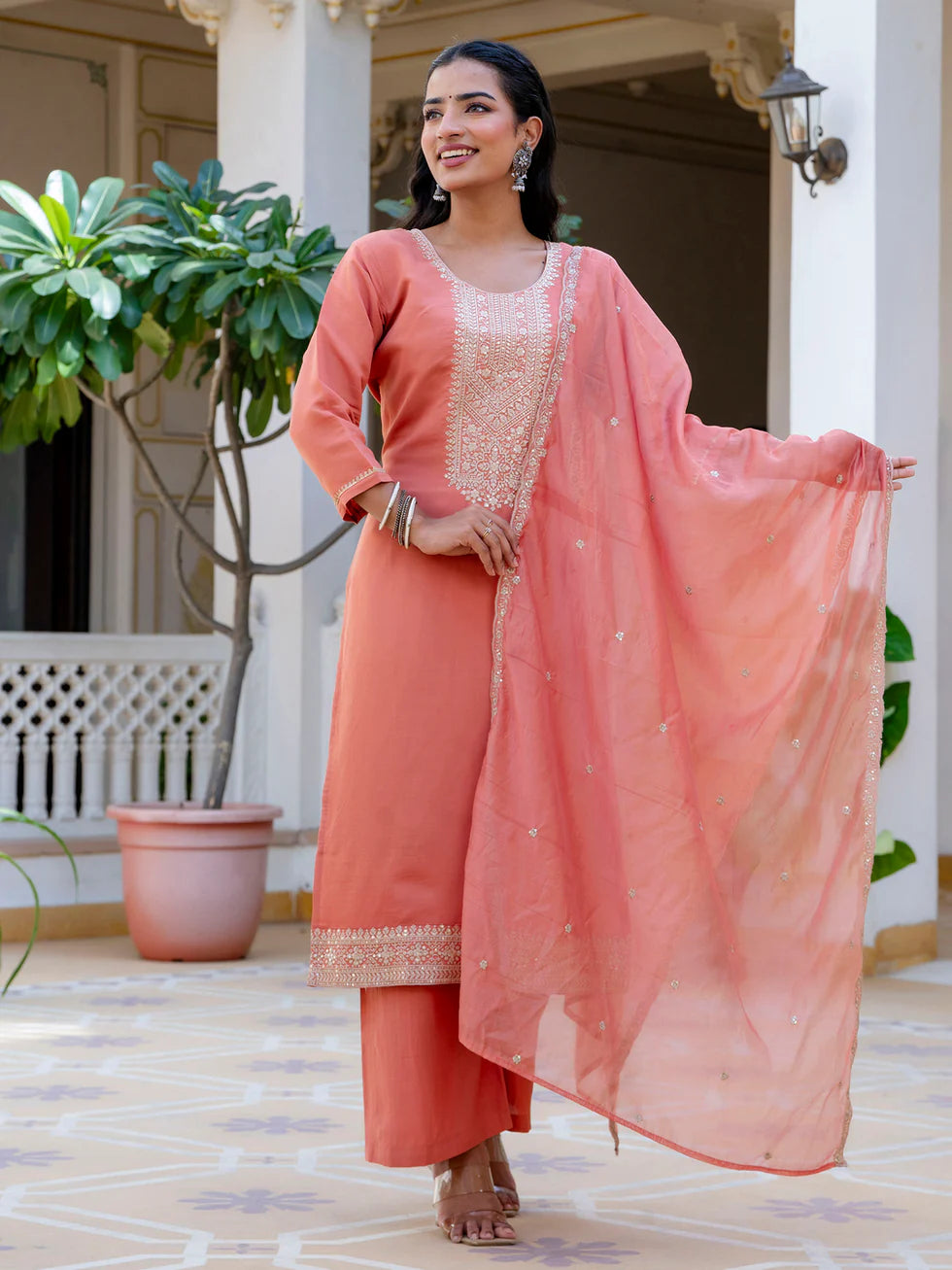 Floral Embroidered Silk Round Neck Kurta Trouser & Dupatta Set