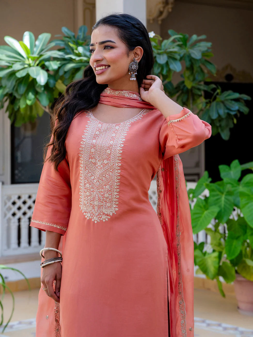 Floral Embroidered Silk Round Neck Kurta Trouser & Dupatta Set