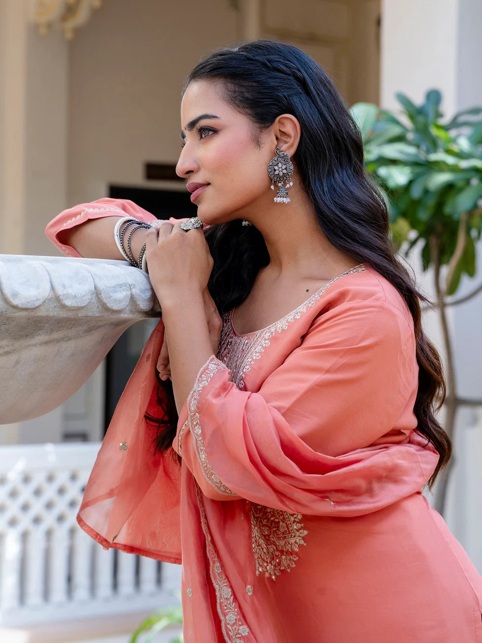 Floral Embroidered Silk Round Neck Kurta Trouser & Dupatta Set