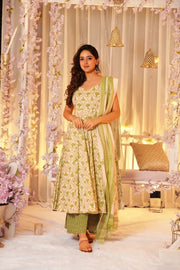 Gulbahar Green Sleeveless Muslin Anarkali Set