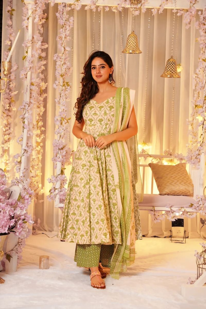 Gulbahar Green Sleeveless Muslin Anarkali Set