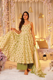 Gulbahar Green Sleeveless Muslin Anarkali Set