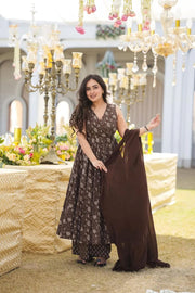 Zariah Brown Sleeveless Muslin Anarkali Set
