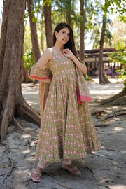 Mehr Pink Green Sleeveless Muslin Anarkali Set