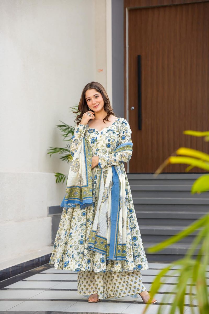 Gulrukh Blue Floral Muslin Anarkali Set