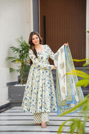Gulrukh Blue Floral Muslin Anarkali Set