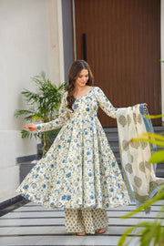 Gulrukh Blue Floral Muslin Anarkali Set