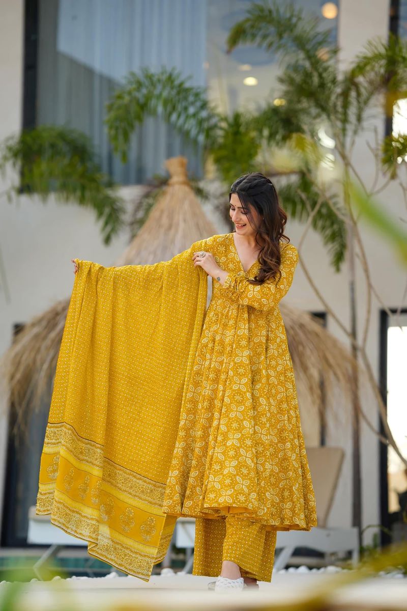 Aafreen Mustard Cotton Anarkali Set