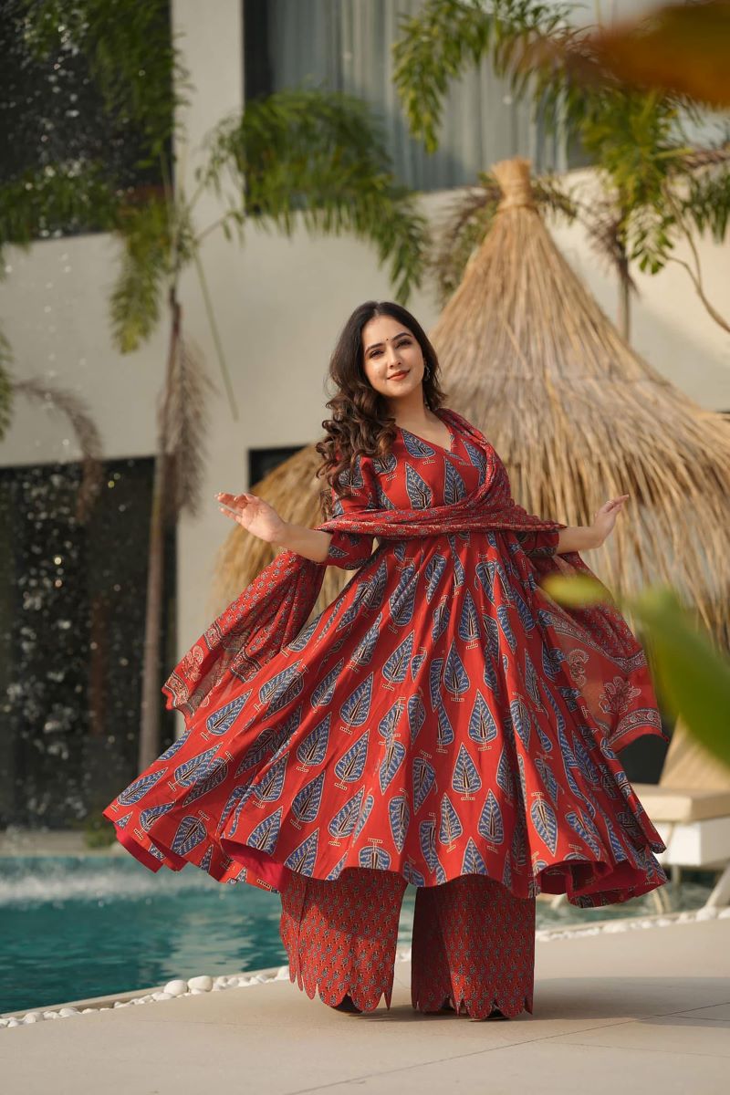 Ruhani Red Muslin Anarkali Set
