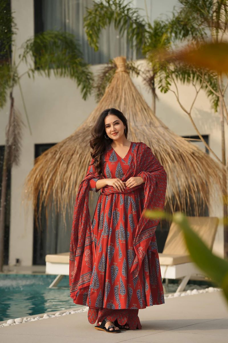 Ruhani Red Muslin Anarkali Set
