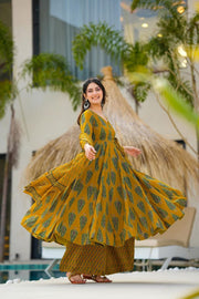 Gulzaar Mustard Leaf Print Muslin Anarkali Set