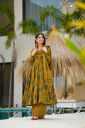 Gulzaar Mustard Leaf Print Muslin Anarkali Set