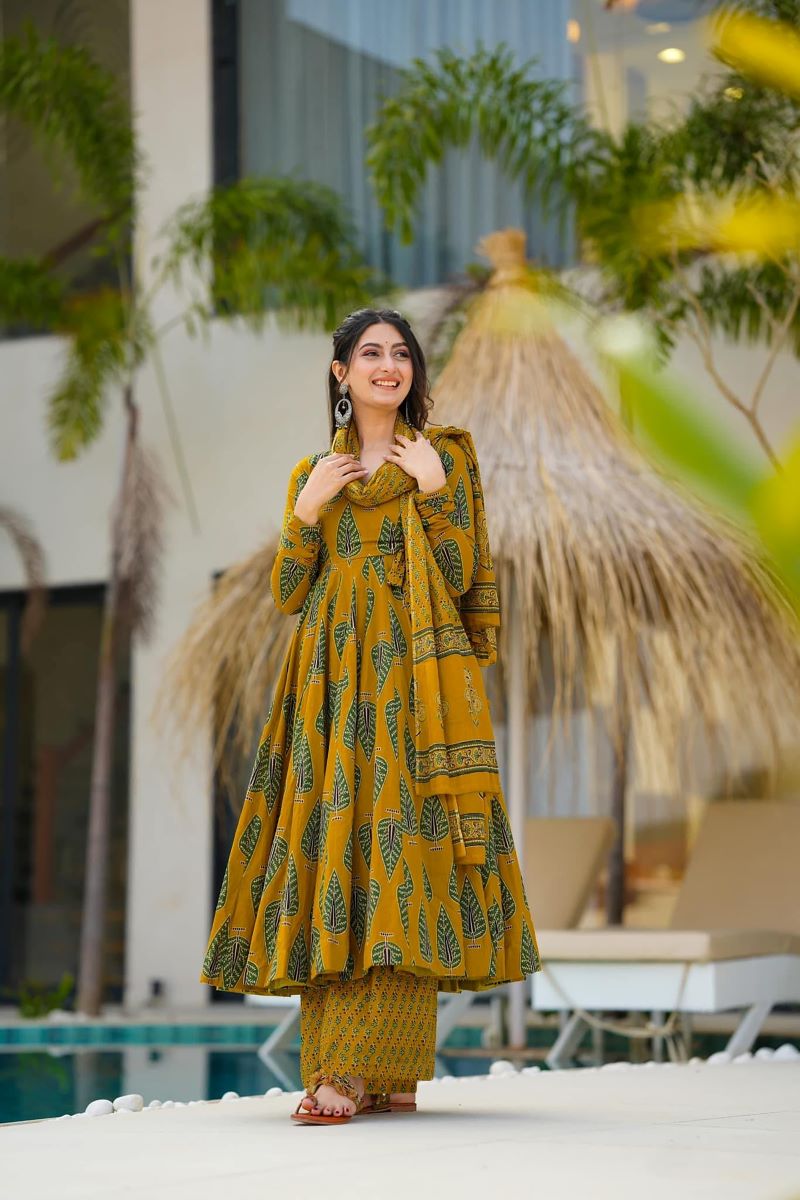 Gulzaar Mustard Leaf Print Muslin Anarkali Set