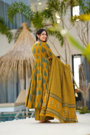 Gulzaar Mustard Leaf Print Muslin Anarkali Set
