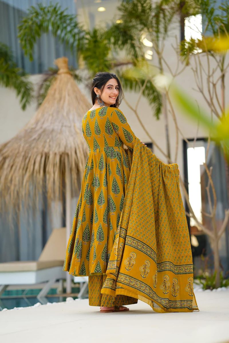 Gulzaar Mustard Leaf Print Muslin Anarkali Set