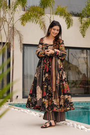 Zehra Black Floral Heavy Mal Cotton Anarkali Set