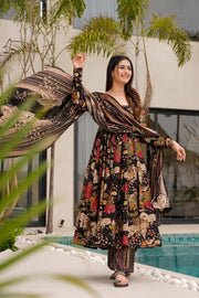 Zehra Black Floral Heavy Mal Cotton Anarkali Set
