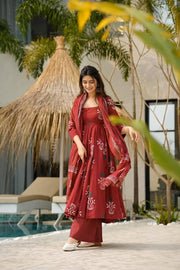 Inaaya Maroon Heavy Mal Cotton Anarkali Set
