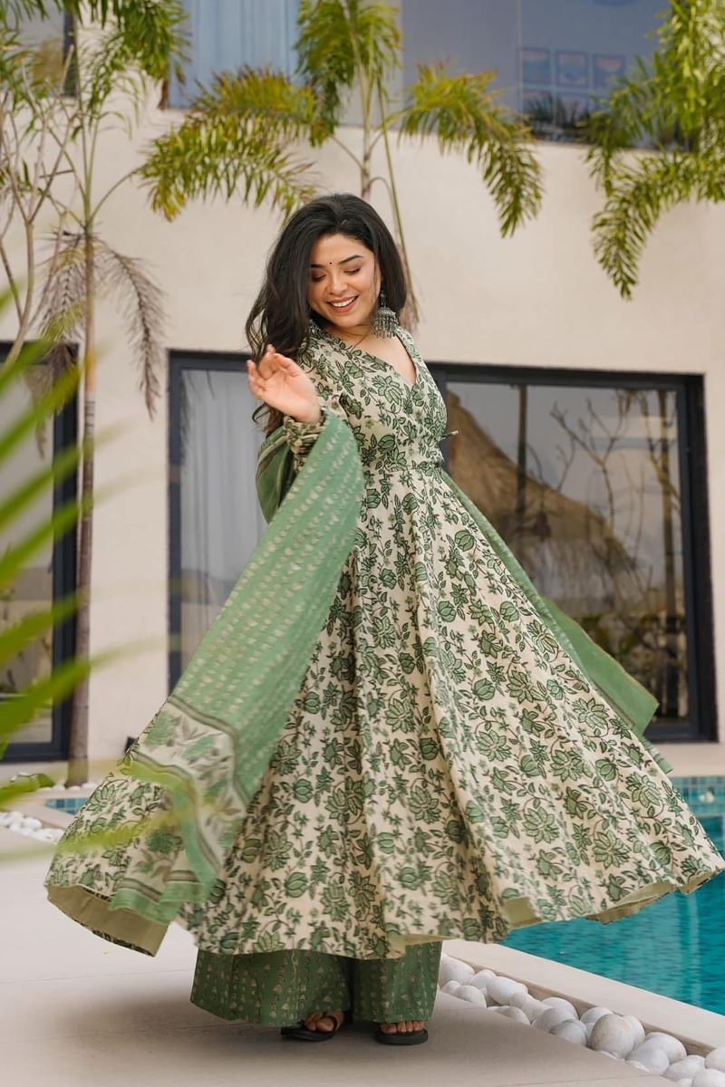 Aabira Sage Green Heavy Mal Cotton Anarkali Set