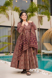 Meher Coffee Brown Heavy Mal Cotton Anarkali Set