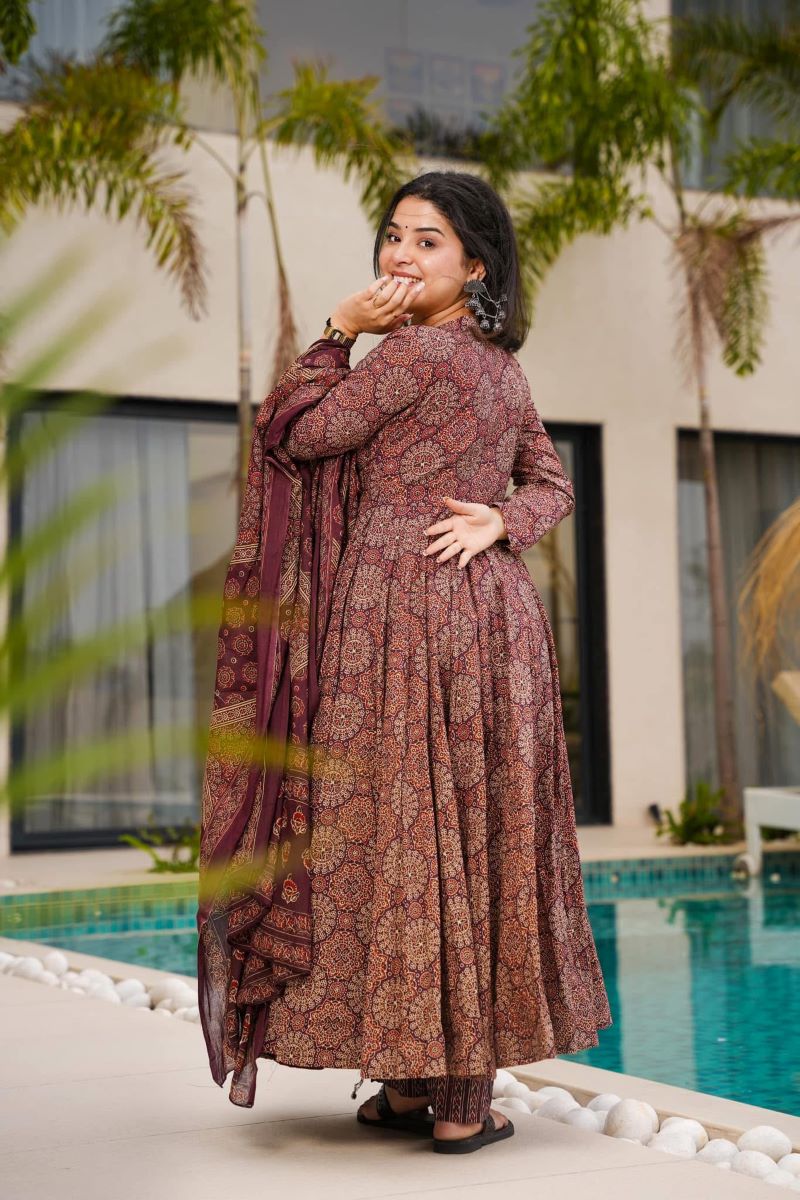 Meher Coffee Brown Heavy Mal Cotton Anarkali Set
