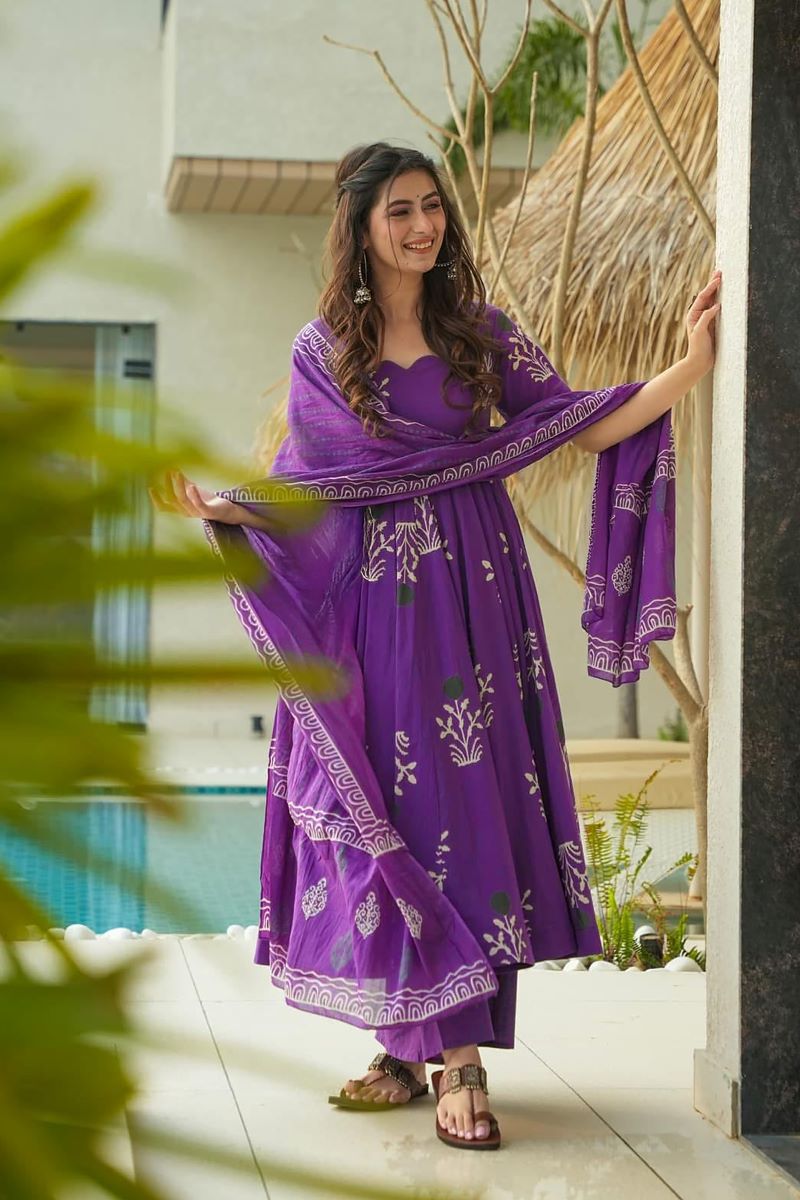 Aarohi Purple Heavy Mal Cotton Anarkali Set