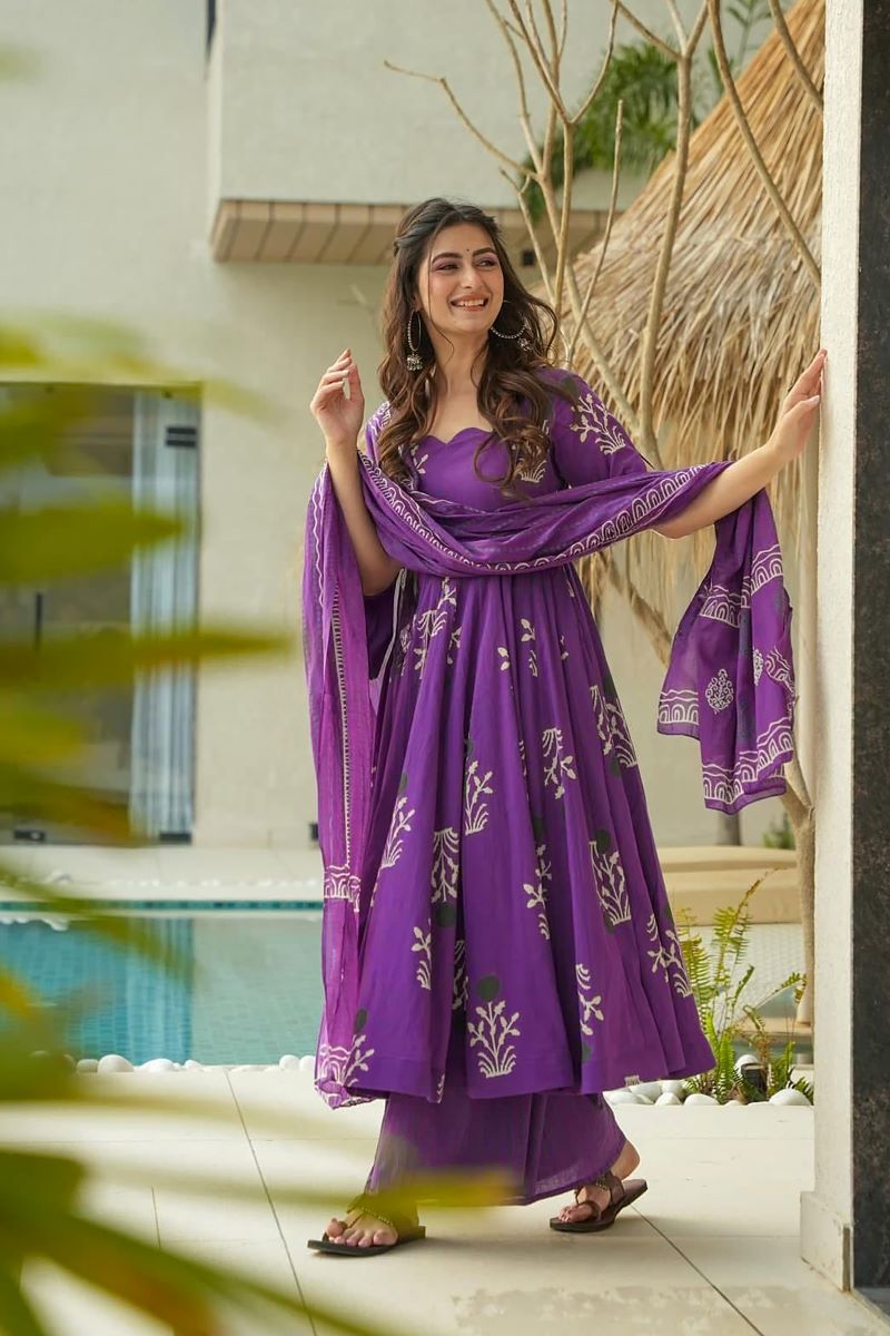 Aarohi Purple Heavy Mal Cotton Anarkali Set