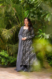 Zariya Charcoal Grey Muslin Anarkali Set