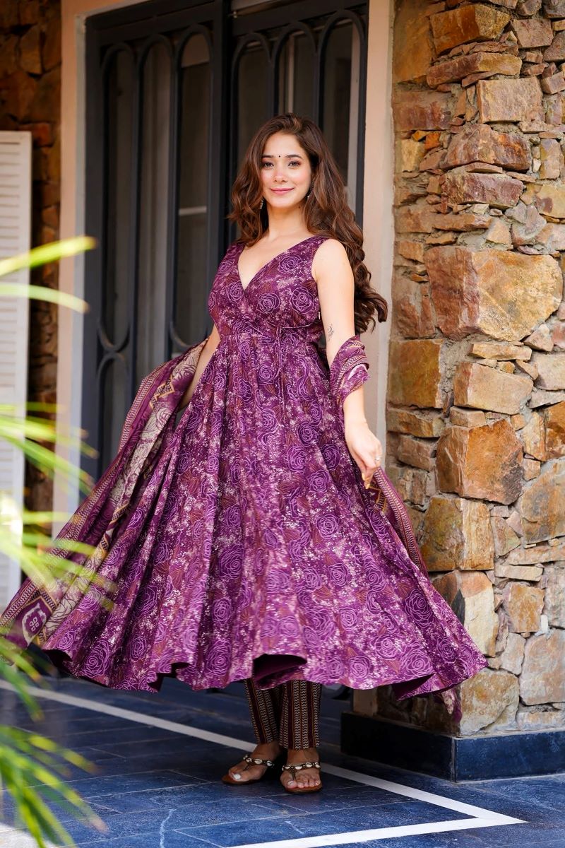 Aafiya Plum Muslin Anarkali Set