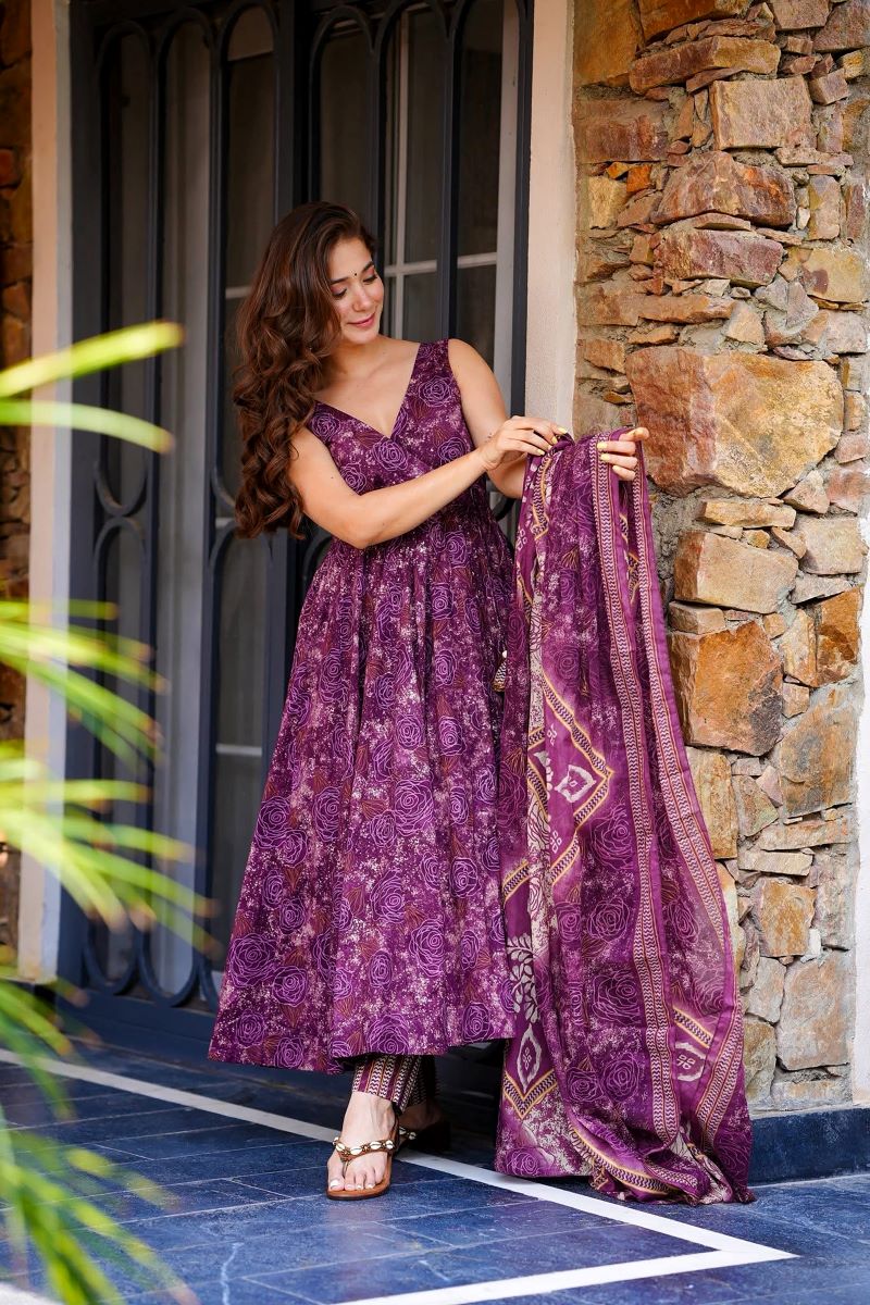 Aafiya Plum Muslin Anarkali Set