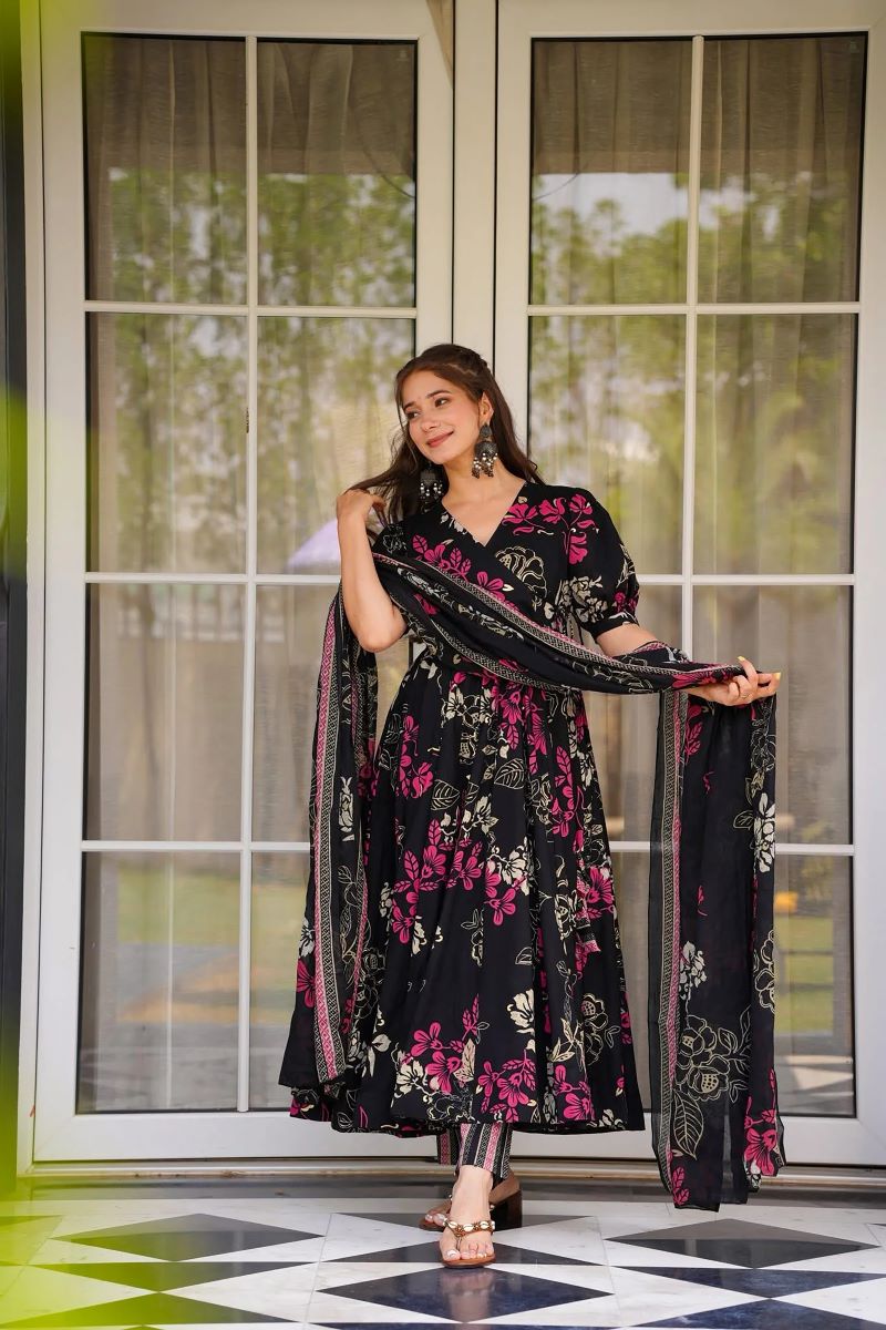 Saanvi Black Floral Muslin Anarkali Set