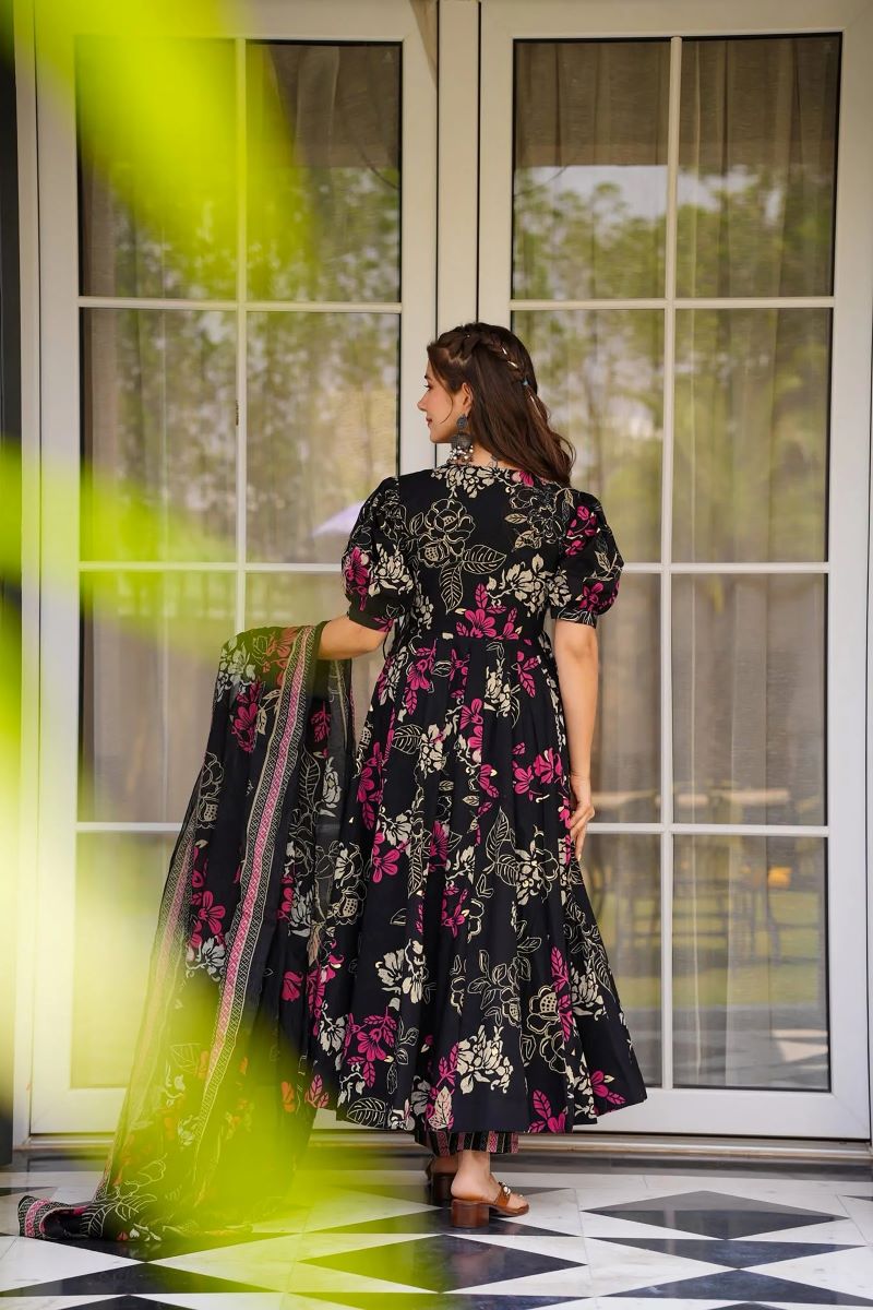 Saanvi Black Floral Muslin Anarkali Set