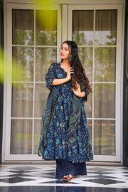 Inaya Navy Blue Muslin Anarkali Set