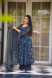 Inaya Navy Blue Muslin Anarkali Set