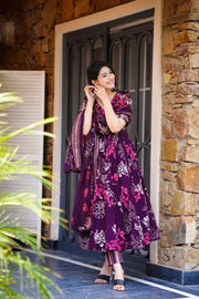 Mahira Wine Floral Muslin Anarkali Set