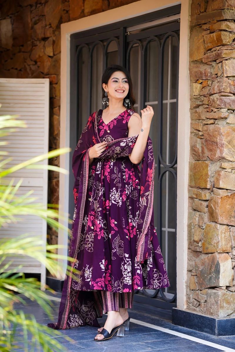 Mahira Wine Floral Muslin Anarkali Set