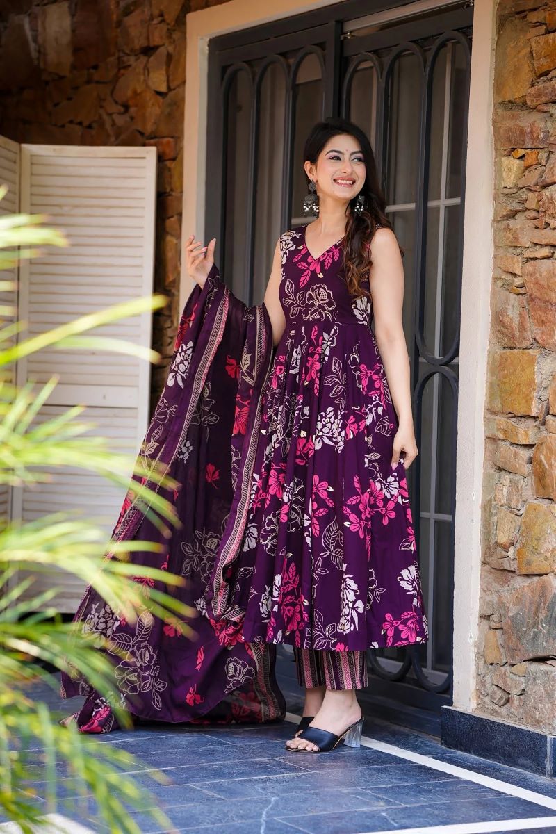 Mahira Wine Floral Muslin Anarkali Set
