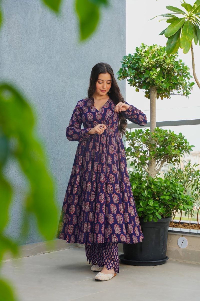 Noor Navy Blue Rayon Printed Anarkali Set