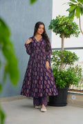 Noor Navy Blue Rayon Printed Anarkali Set