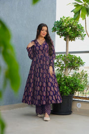 Noor Navy Blue Rayon Printed Anarkali Set