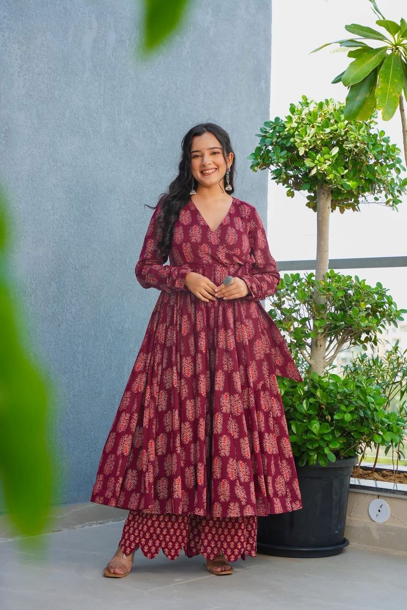 Noor Wine Rayon Printed Anarkali Set