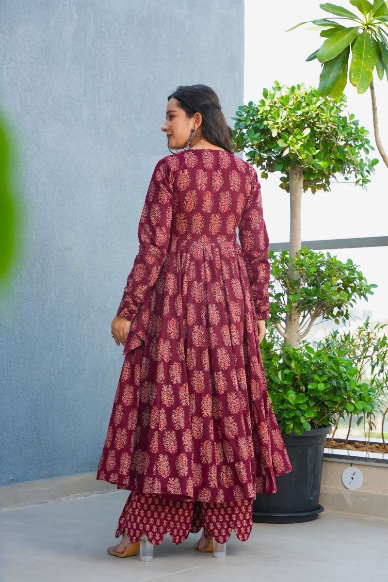 Noor Wine Rayon Printed Anarkali Set
